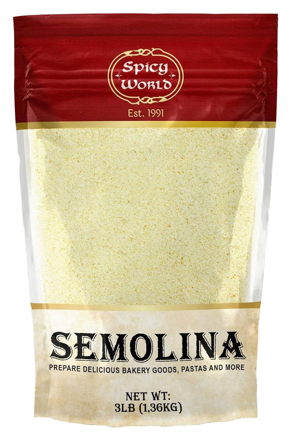 Spicy World 3 LB semolina flour bag – fine USA durum for pizza, pasta, and bread.