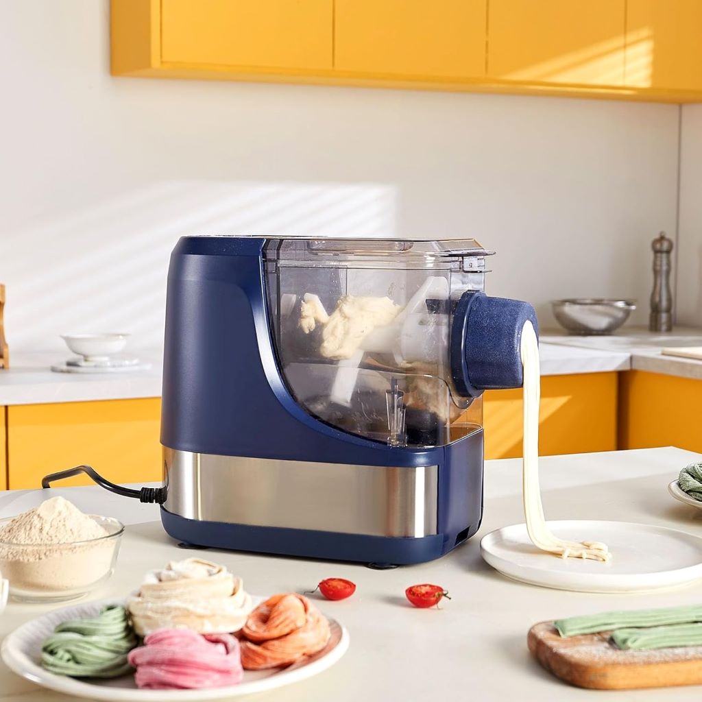 Home kitchen pasta maker with intelligent settings, measuring cups, and cleaning brush