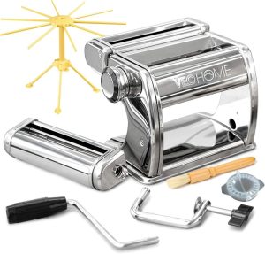 VeoHome Manual Pasta Maker with hand crank making fresh homemade noodles