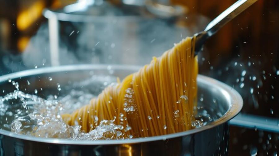 Close-up of a stainless steel pasta fork lifting steaming spaghetti from a pot, showcasing drainage holes