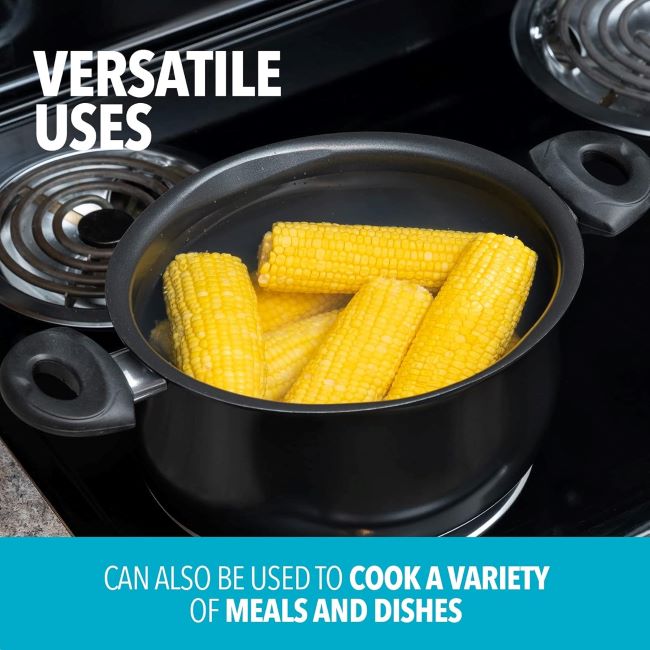 Bialetti nonstick cooking pot with built-in strainer lid and ergonomic handles