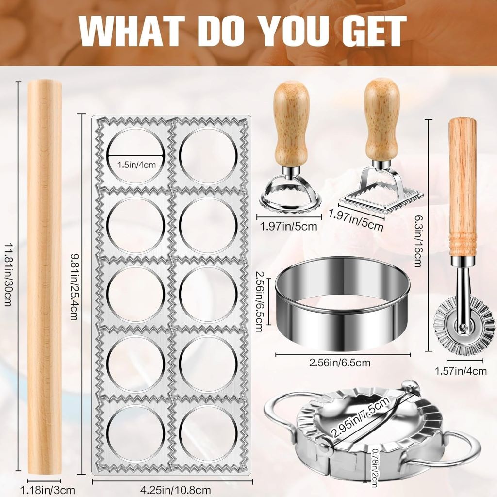 Crssbrohip 8-piece ravioli maker set with cutter, roller, and wooden handle for homemade pasta.