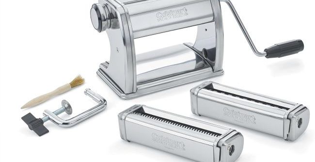 Cuisinart CTG-00-PM Pasta Maker set with five attachments displayed on a kitchen counter.
