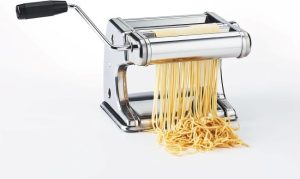 Close-up of the Cuisinart CTG-00-PM 5-Piece Pasta Maker used to make fresh spaghetti.
