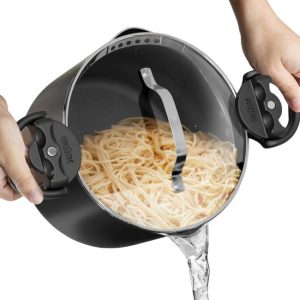 EATEX 5-Qt Pasta Pot with strainer lid and twist-lock handles for easy, mess-free cooking.