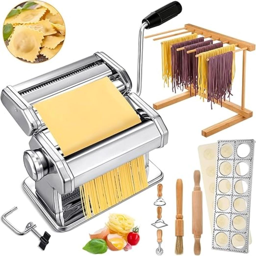Hushee 8-piece pasta maker set with noodle machine, ravioli stamp, cutter, rolling pin, and drying rack.