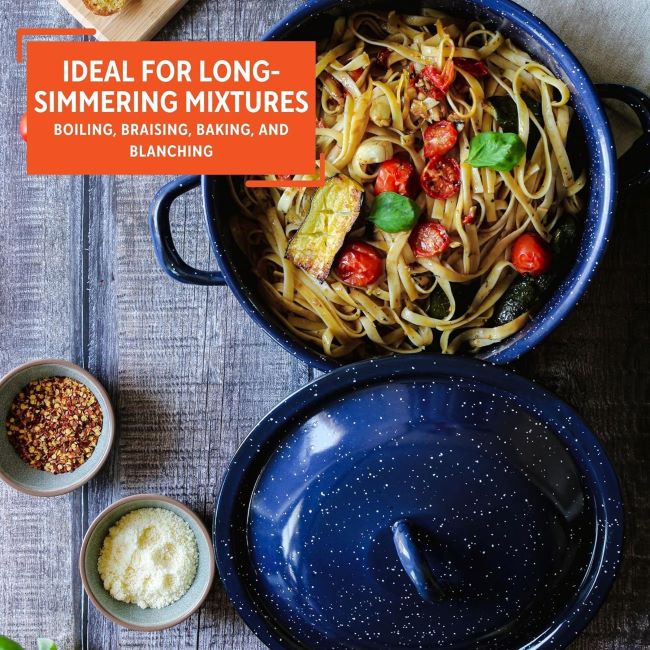 Traditional Mexican enamel cookware – IMUSA 6Qt stock pot in blue speckled design.