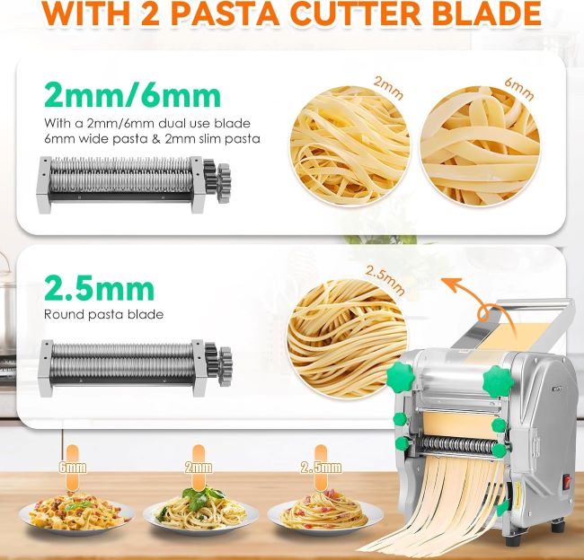 Close-up of NEWTRY pasta machine making fettuccine with 2/6mm and 2.5mm blades.