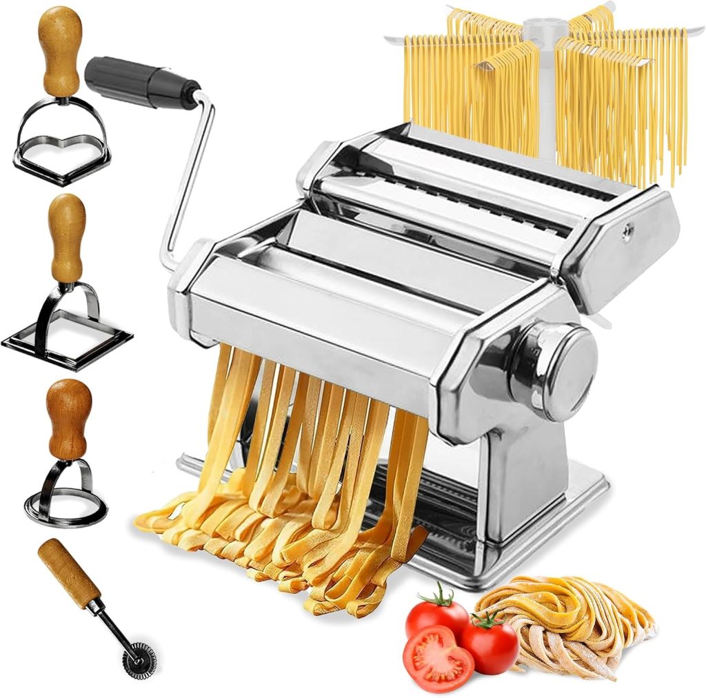 Nonni’s 150mm Steel Pasta Maker with rollers, pasta stamps, and drying rack on kitchen counter.