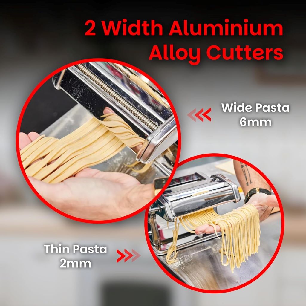 Close-up of Nonni’s pasta maker creating fresh fettuccine and lasagna sheets.