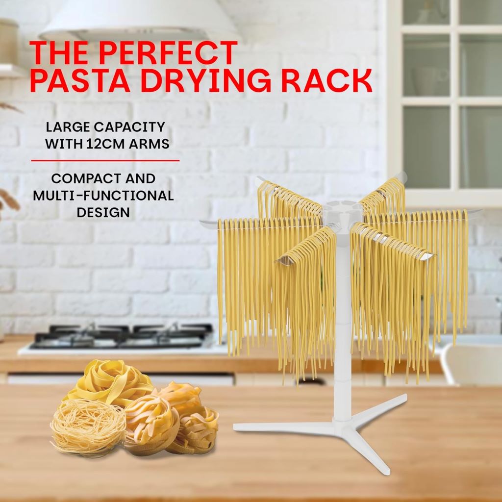 Complete pasta-making set by Nonni’s with adjustable roller and cutter in use.