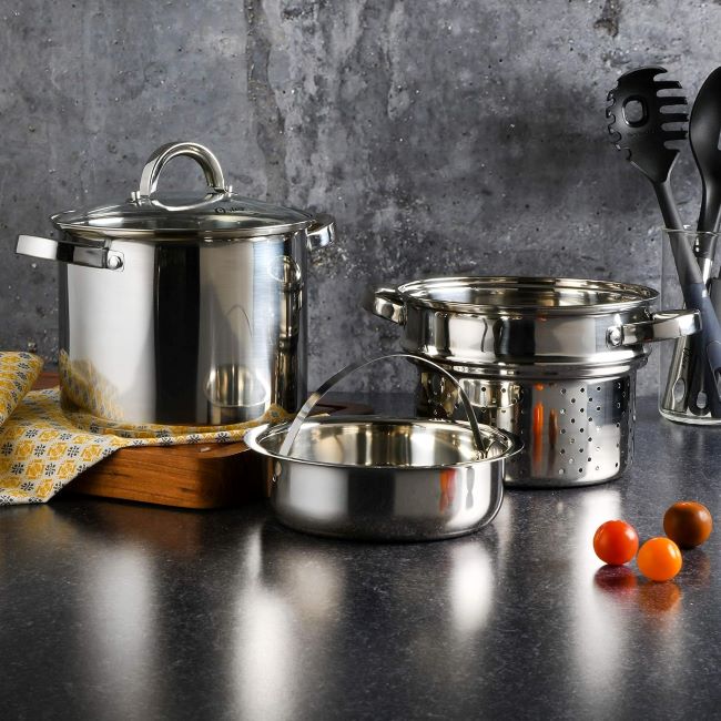 Stainless steel pasta pot set by Oster Sangerfield with removable steamer and lid