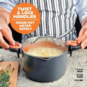 Gotham Steel 5 Qt ceramic pasta pot with built-in strainer, perfect for everyday cooking.
