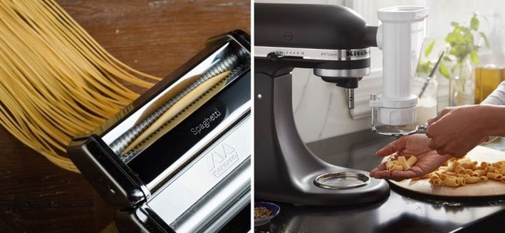 Side-by-side comparison of a manual and an electric pasta maker on a kitchen counter.