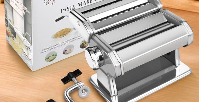 AceChef Pasta Maker with stainless steel roller and 2-in-1 cutter, 7 thickness settings.