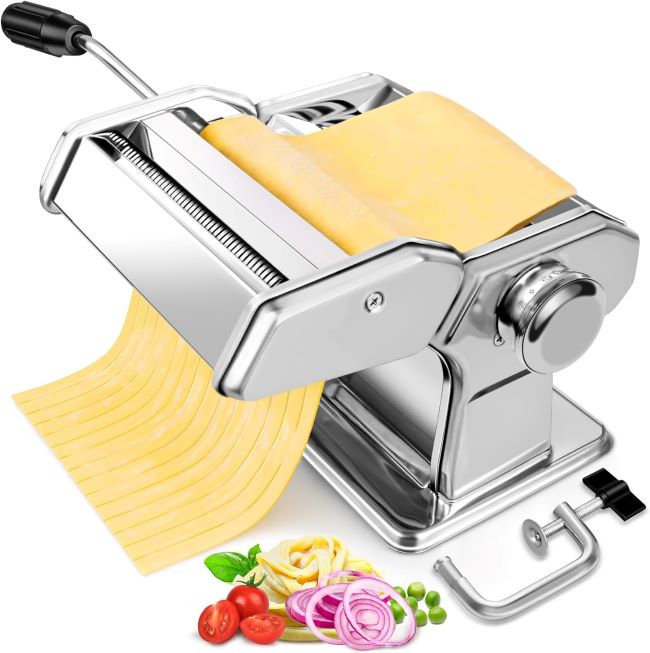 Stainless steel AceChef Pasta Machine for spaghetti, fettuccine, ravioli, and lasagna.