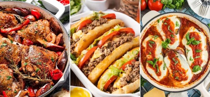 Classic American pasta dishes like mac and cheese and spaghetti served on a table.