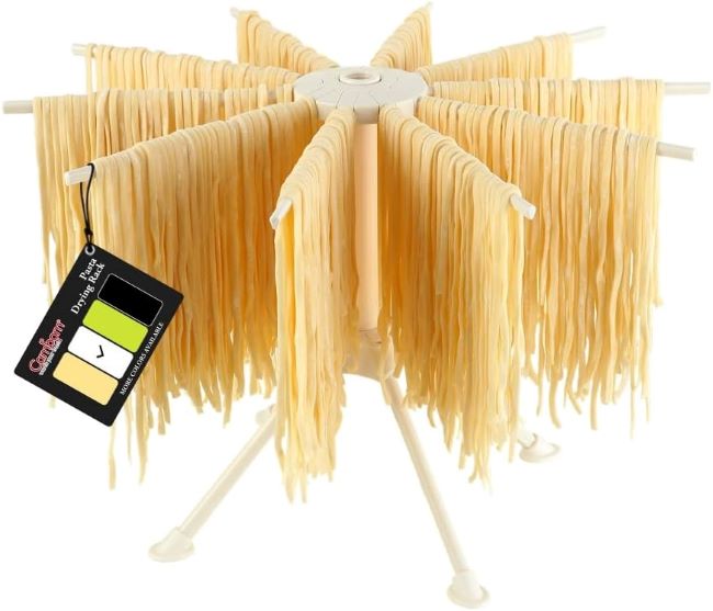 Cambom collapsible pasta drying rack with 10 bars holding fresh spaghetti.