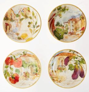 Certified International Piazzette pasta bowls in assorted colorful designs.