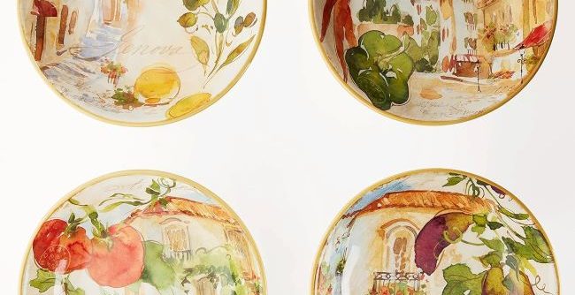 Certified International Piazzette pasta bowls in assorted colorful designs.