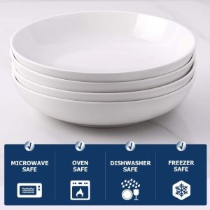 DOWAN Soft White Shallow Pasta & Salad Bowls, 9.75” Ceramic, Set of 4