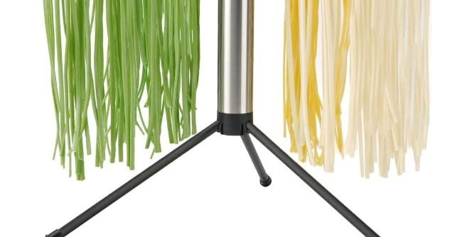 KITCHENDAO Collapsible Pasta Drying Rack fully expanded with rotary arms for drying noodles.