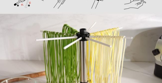 Foldable KITCHENDAO pasta dryer rack shown in compact, space-saving storage position.