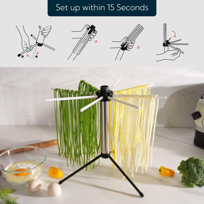 Foldable KITCHENDAO pasta dryer rack shown in compact, space-saving storage position.