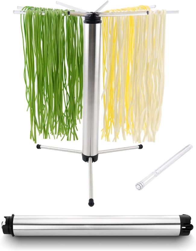 KitchenDAO foldable pasta drying rack with rotary arms, stainless steel, easy to clean and store.