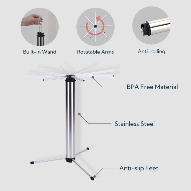 Rotary stainless steel pasta drying rack by KitchenDAO, collapsible for convenient storage.