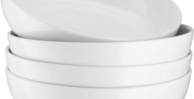 KooK 4-pack large white ceramic bowls, 40oz each, perfect for pasta, salad, and soup, microwave and dishwasher safe.