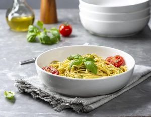 Set of four KooK white ceramic serving bowls, 40oz capacity, ideal for everyday meals and entertaining.