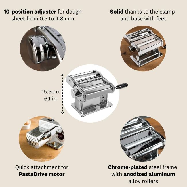 Close-up of MARCATO Atlas 150 Classic Pasta Maker showing adjustable pasta thickness settings