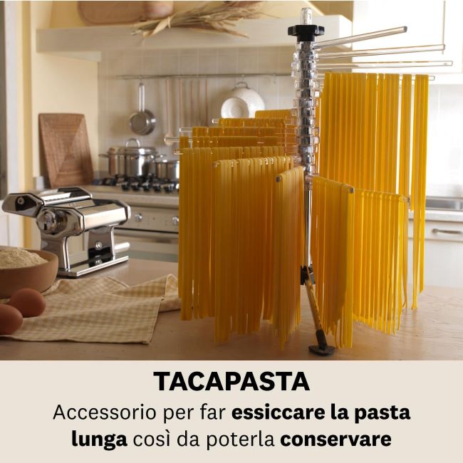Transparent MARCATO pasta rack for drying spaghetti and fettuccine.