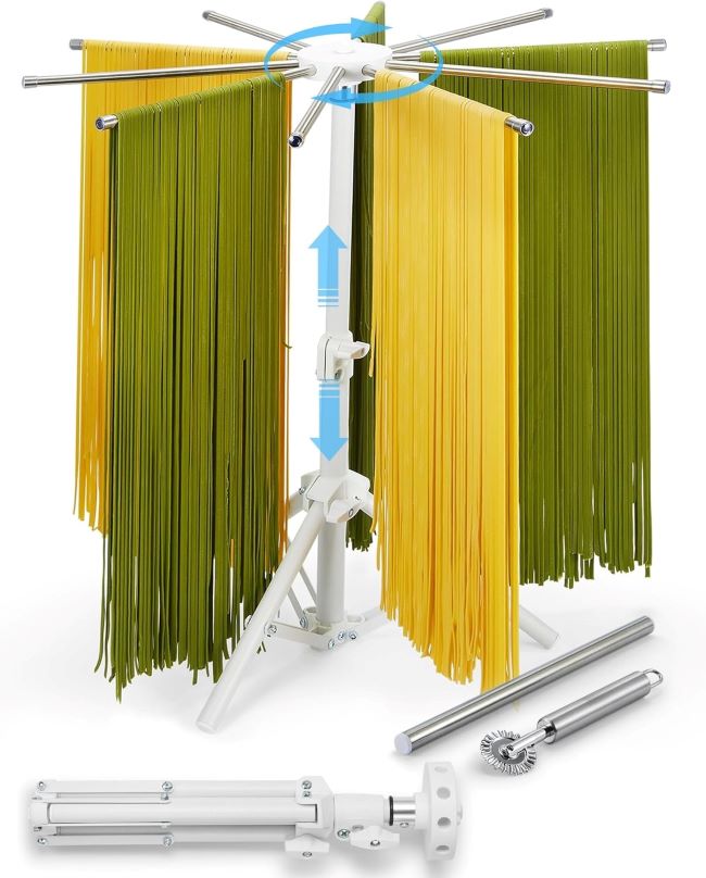 MUMSUNG foldable pasta drying rack with 360° rotating arms holding fresh spaghetti and ravioli.