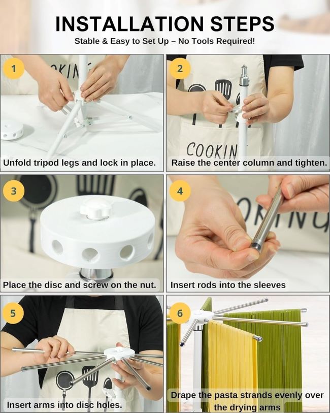 Adjustable stainless steel pasta dryer for homemade noodles, spaghetti, and ravioli.