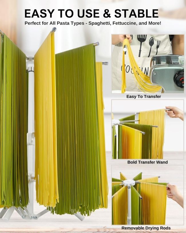 Space-saving collapsible pasta rack for drying fresh homemade pasta at home.