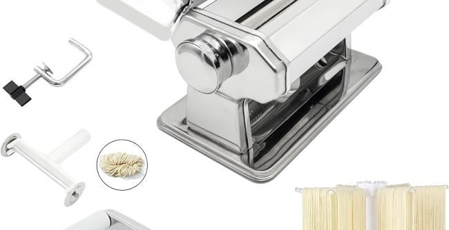 MZTOGR 2-in-1 Pasta and Noodle Maker with attachments and drying rack for homemade meals.