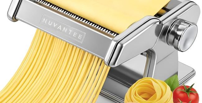 Nuvantee 2-in-1 pasta maker with rollers and cutter, adjustable thickness for homemade spaghetti, fettuccini, and lasagna.