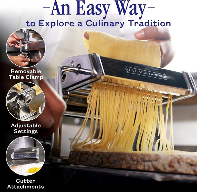Versatile Nuvantee pasta machine featuring 7 thickness settings for fresh noodles and sheets at home.