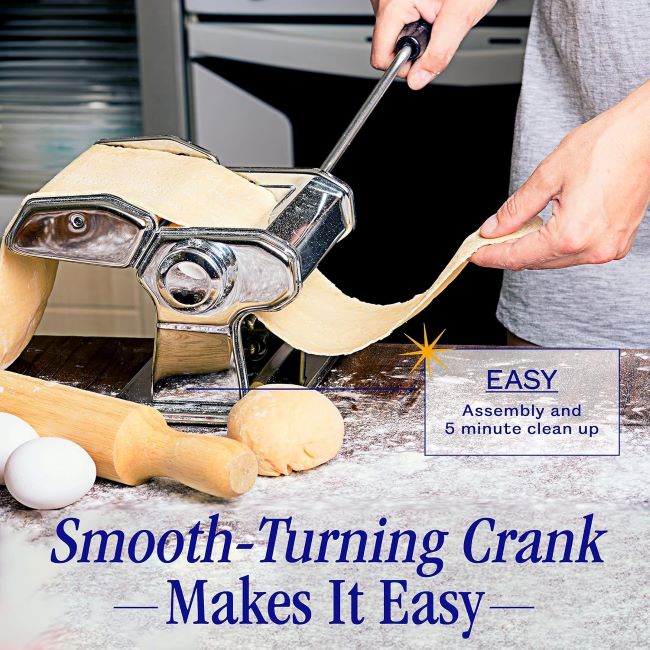 Compact Nuvantee pasta maker, 2-in-1 design for making spaghetti, fettuccini, lasagna, and more.
