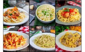 Colorful collage showcasing the 20 most popular pasta dishes globally.