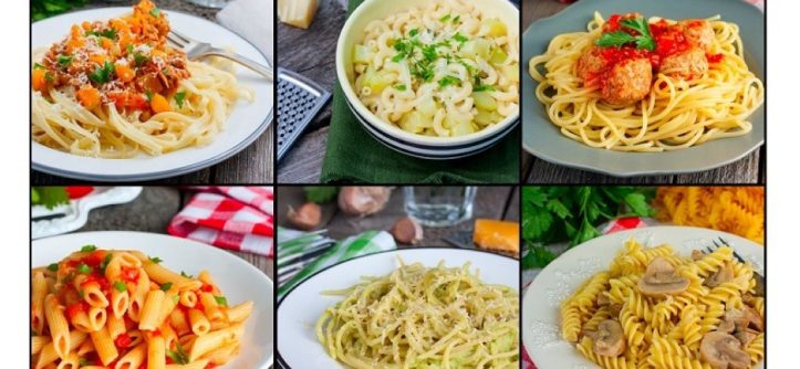 Colorful collage showcasing the 20 most popular pasta dishes globally.