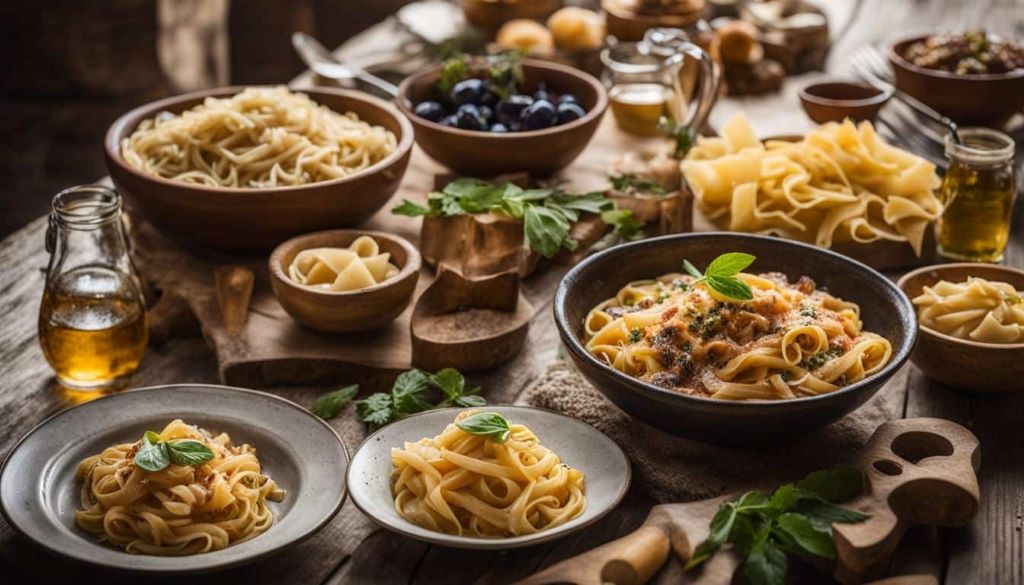 Top 10 pasta dishes from around the world displayed on a table.