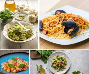 Top 5 Italian pasta dishes displayed on a table, ready to serve.