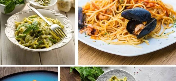 Top 5 Italian pasta dishes displayed on a table, ready to serve.