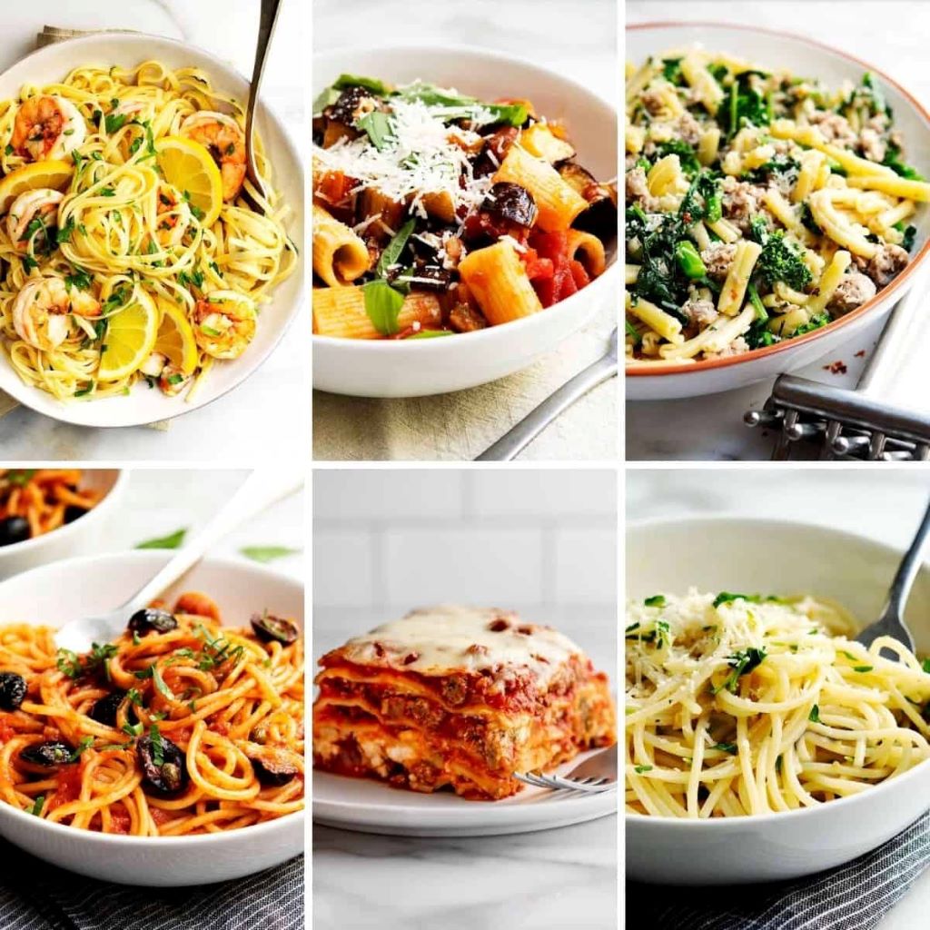 Close-up of classic Italian pasta recipes like spaghetti, lasagna, and tagliatelle.