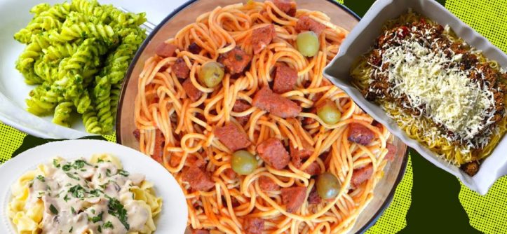 Ten unique pasta dishes from Asia and South America displayed on a table.