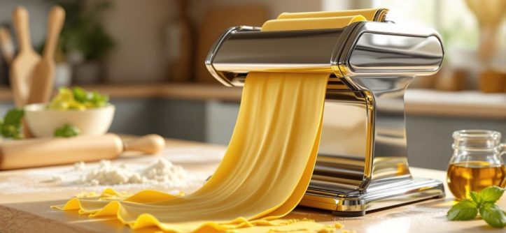 Close-up of sticky pasta dough being adjusted in a pasta machine.