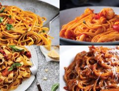 Close-up of Asian fusion pasta dish combining noodles with Asian flavors.